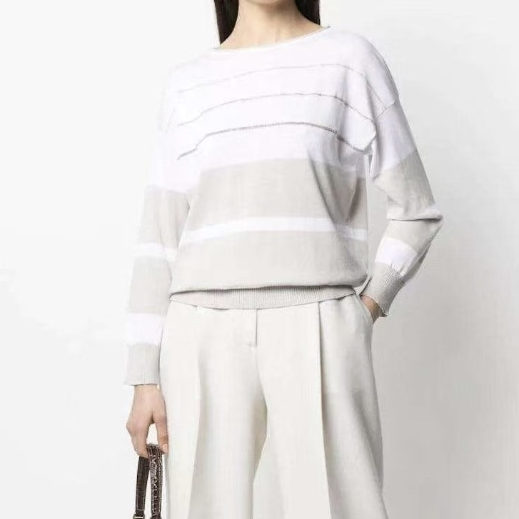 2512043链条设计圆领针织衫女条纹拼接色休闲25秋冬新款