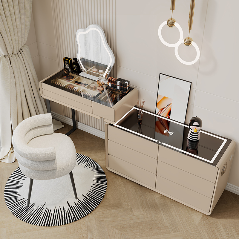 新款全实木梳妆台卧室现代简约奶油风转角化妆桌斗柜床尾柜子一体