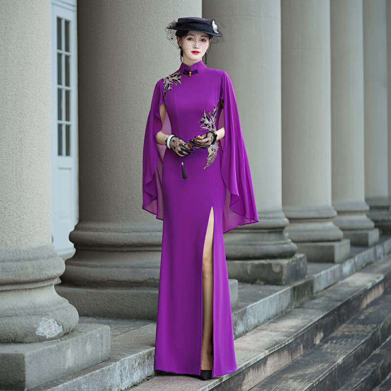 娴馨弹力免烫飘逸凤尾花改良单开叉长款旗袍走秀舞台演出服