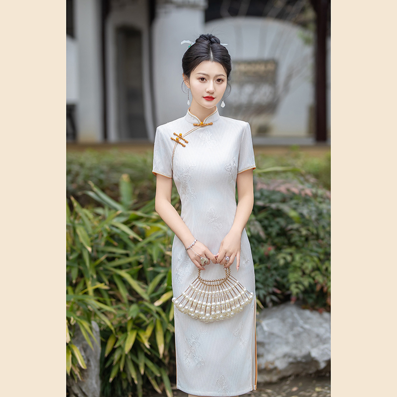 （1800）人字提花旗袍中式日常法式蕾丝小个子优雅复古默认裙长修身