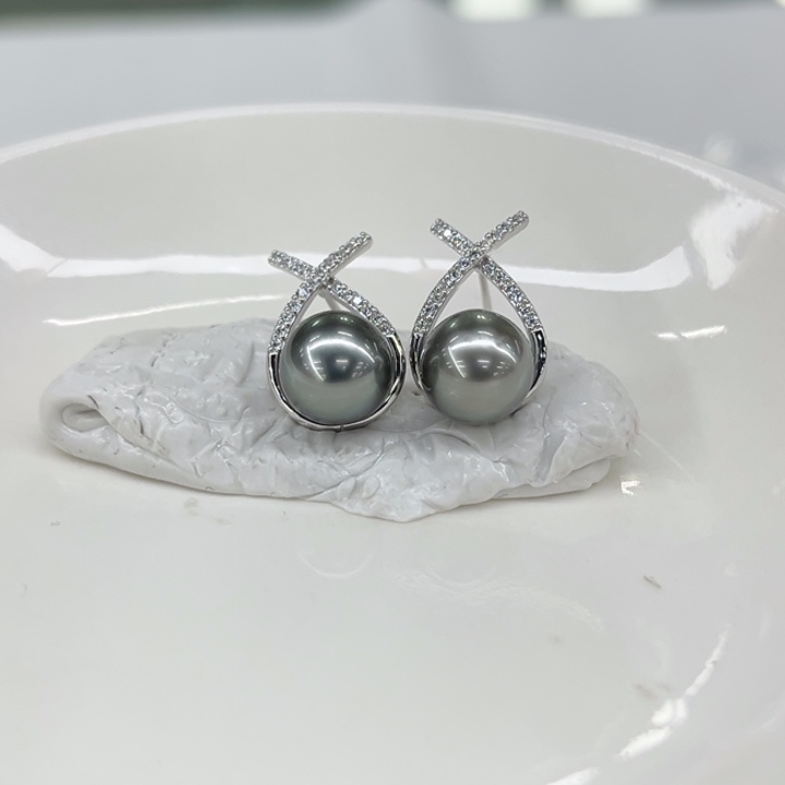银S925镶嵌耳饰海水珍珠8-9m