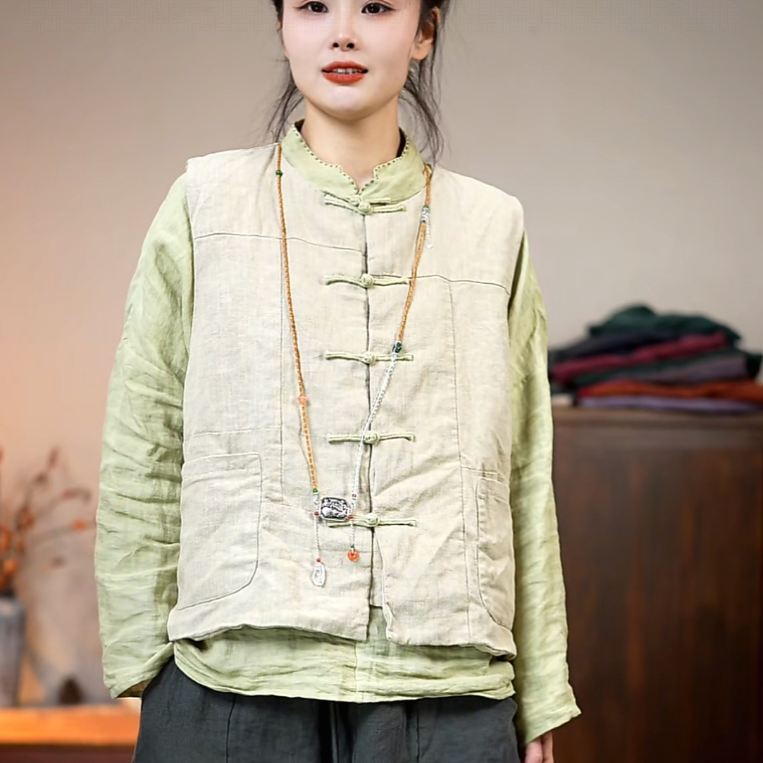 纯衣不染/原创设计「灵秀」天丝苎麻双层盘扣开衫马甲