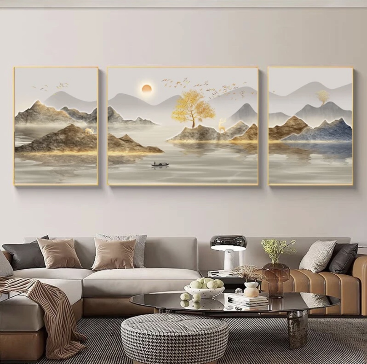A23新款旭日东升山水客厅高档三联画现代轻奢沙发背景墙装饰画