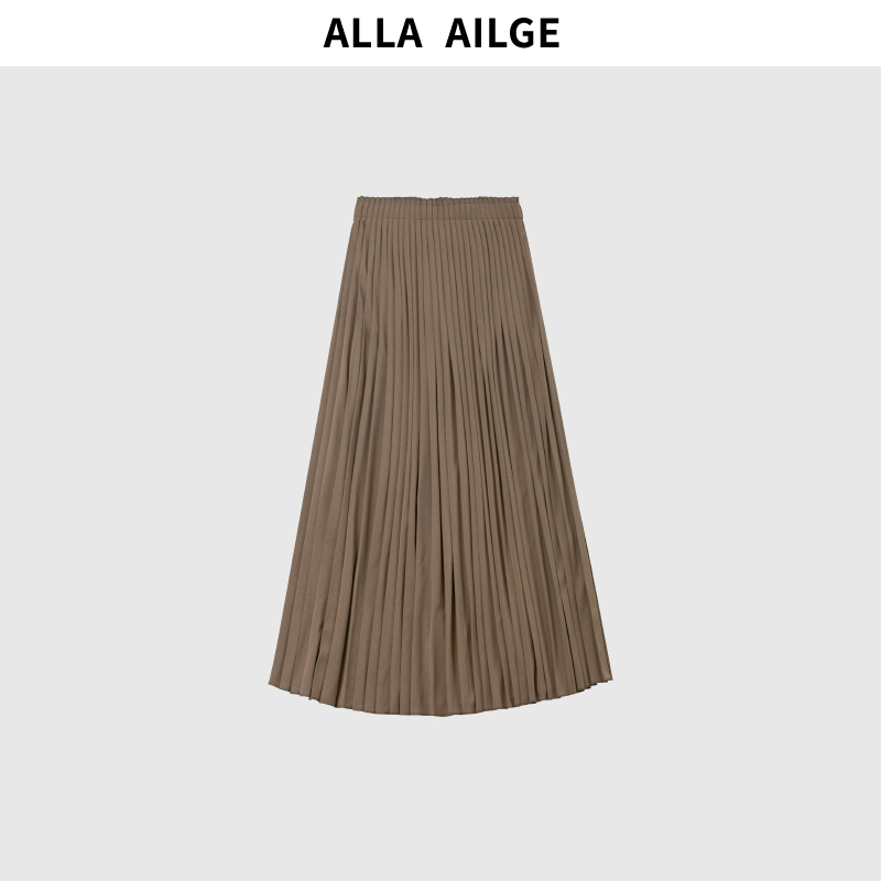 ALLA AILGE「褐羽疏烟」日本强捻绉纱飘逸百褶半身裙松紧高腰中长裙