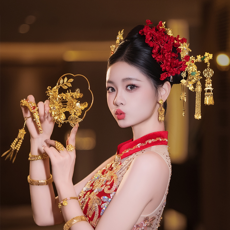 合金婚庆饰品 新娘中式复古红色花古风金色喜字流苏发簪发饰MT074