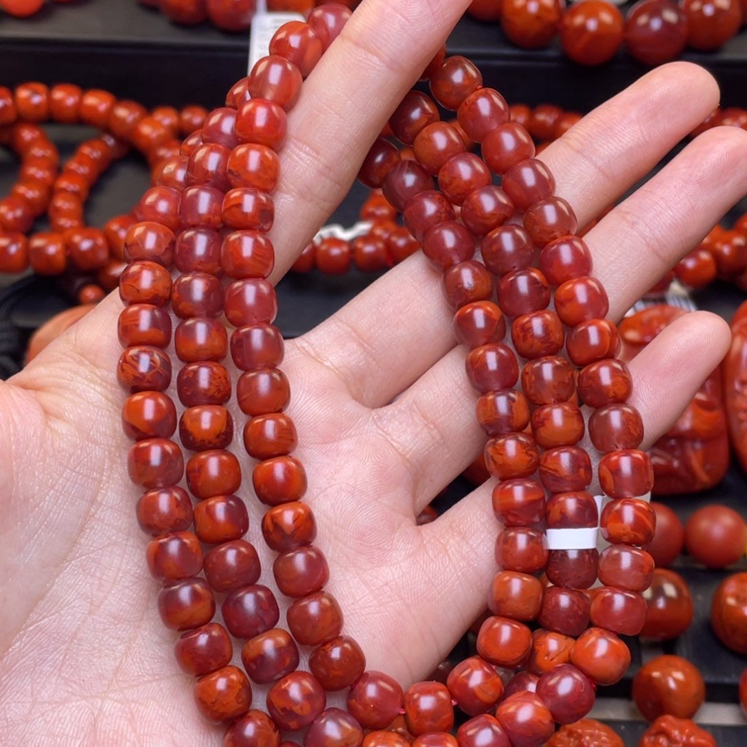 南红玛瑙其他未镶嵌y8mm玫瑰红火焰纹老型佛珠