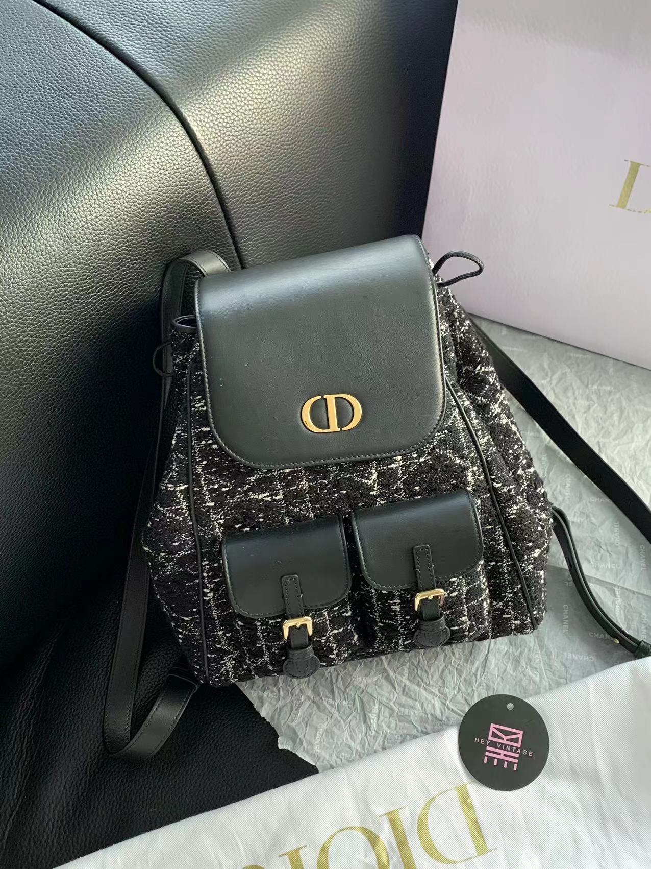 99新 DIOR/迪奥 黑白毛呢双肩包  22cm 12964590