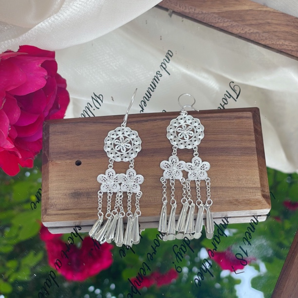 足银耳饰 铜鼓花丝耳饰气质复古古风纯手工长款