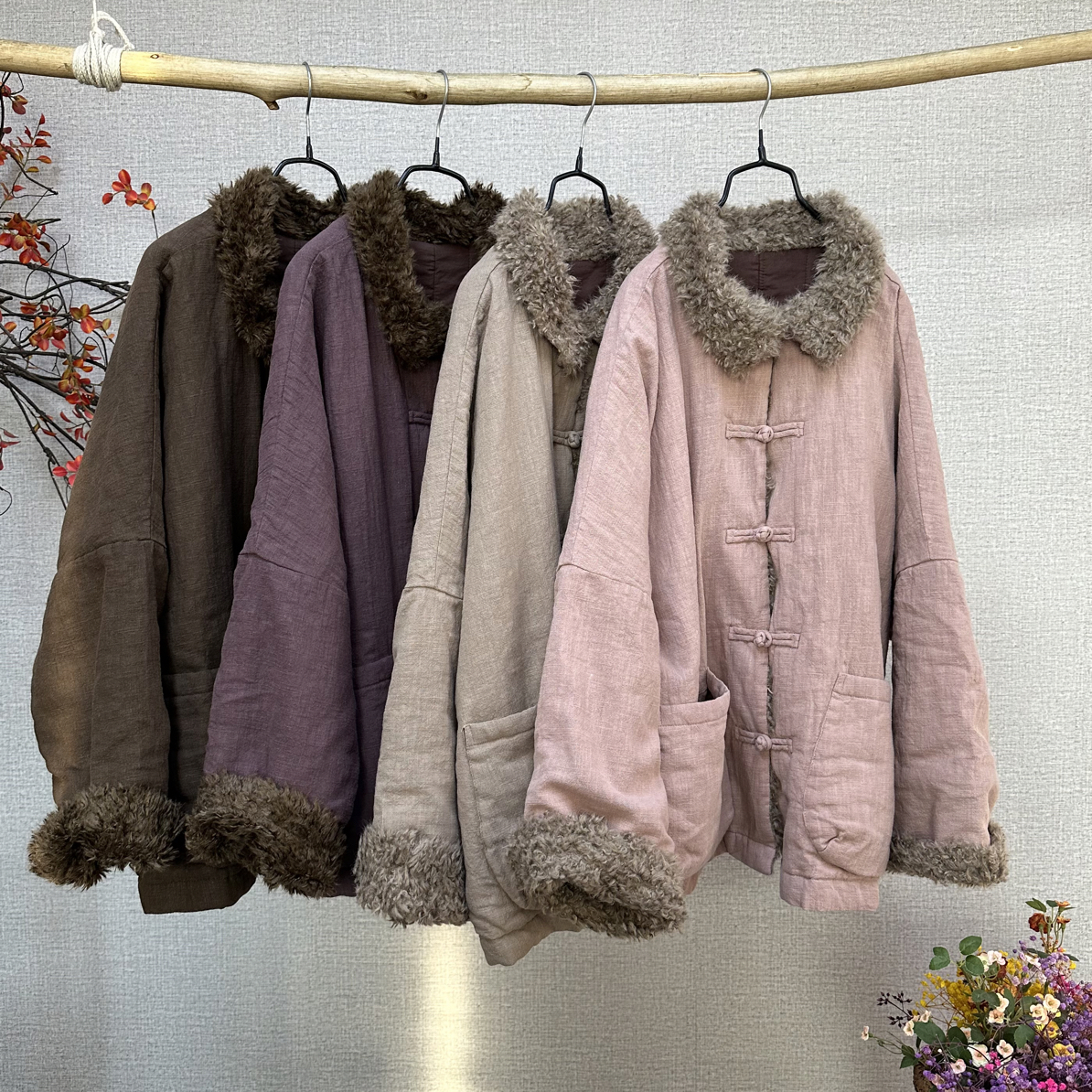 儒品素衣85215亚麻拼接毛毛盘扣短棉服（衣长69胸围155）