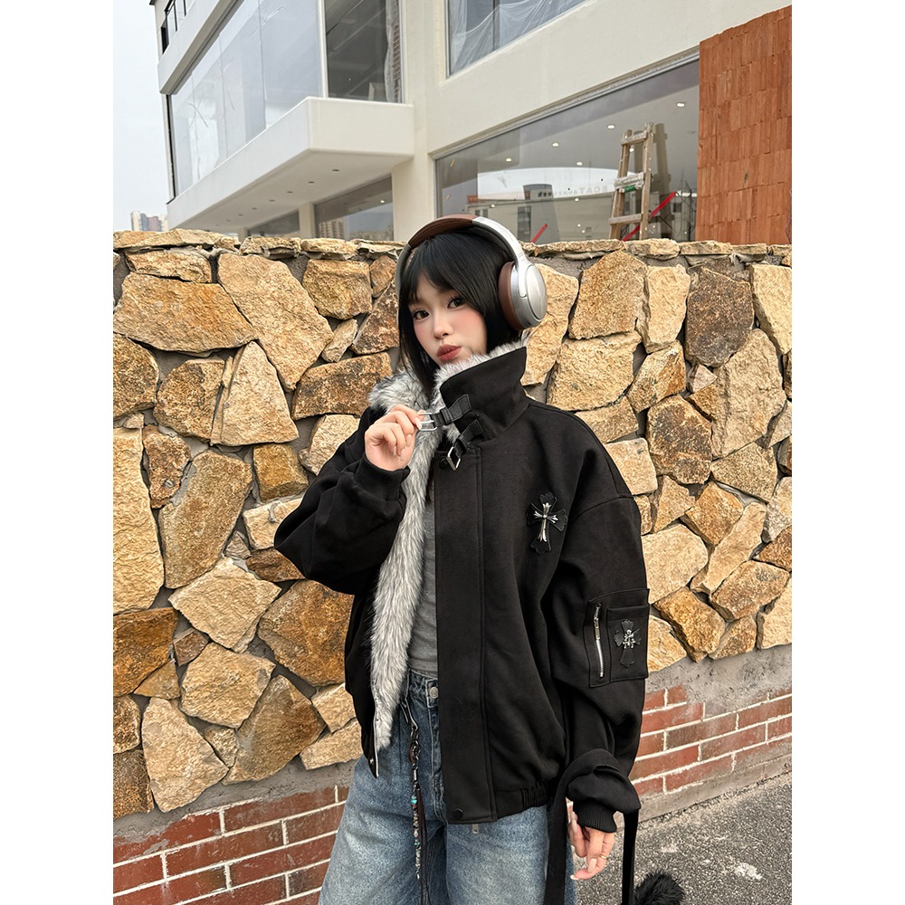 美式毛领座山雕十字架棉衣棉服男女情侣冬季加厚保暖棉服外套潮