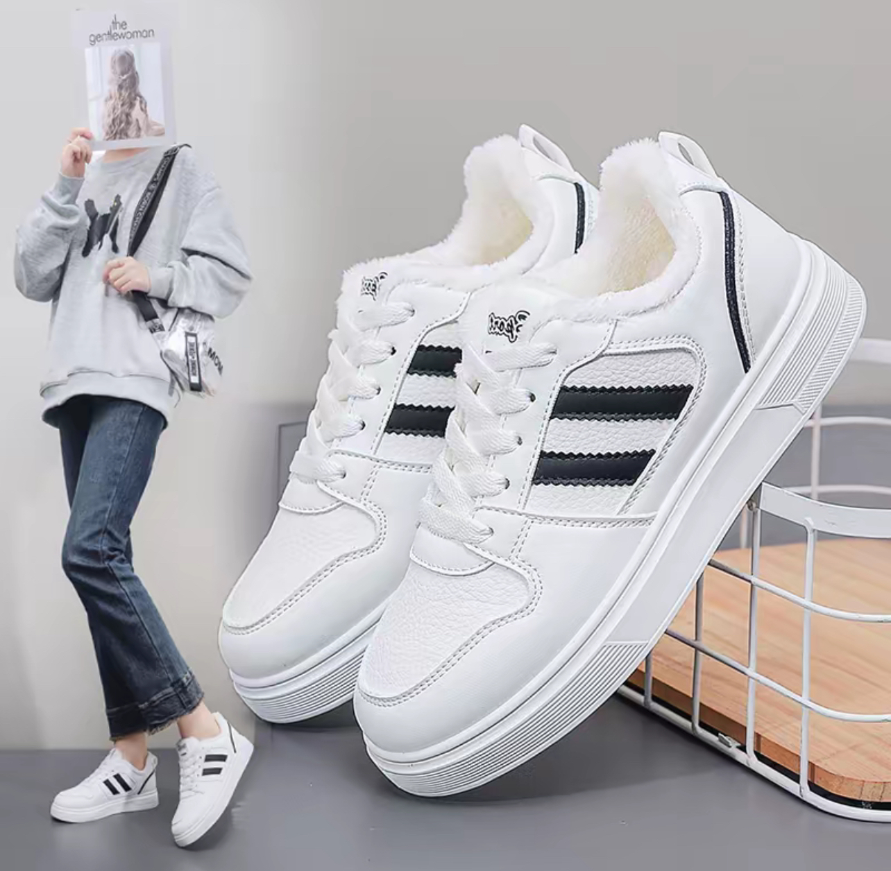 小白鞋女2025冬季爆款百搭加绒保暖新款运动二棉平底韩版学生棉鞋