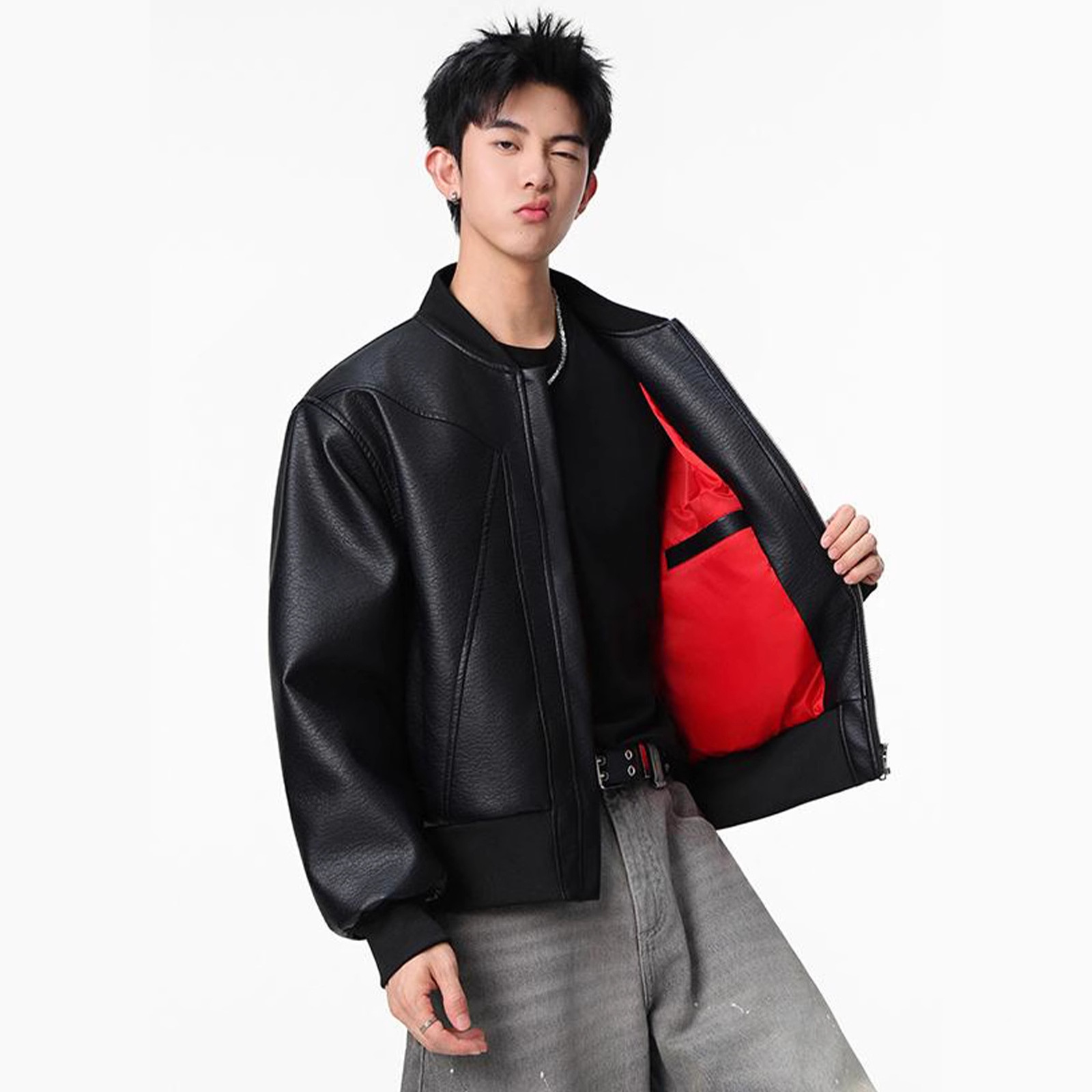 美式高街棒球领皮衣外套男潮牌秋季内里撞色痞帅短款pu皮机车夹克