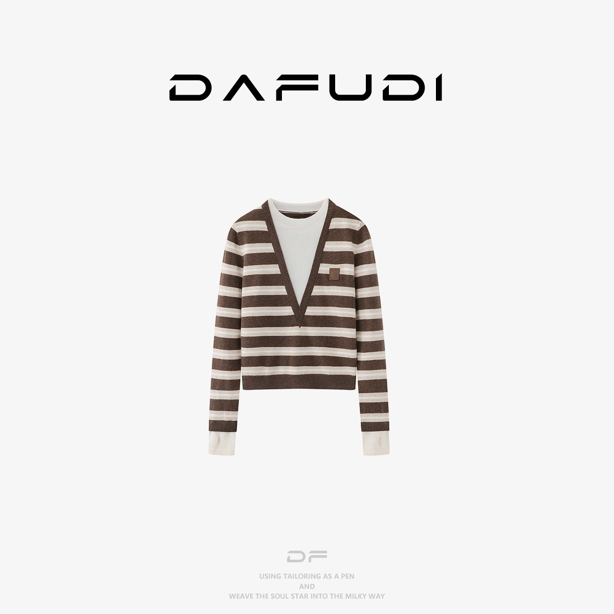 【DZ】容诺毛针织衫明星刘浩存同款秋撞色条纹假两件V领针织衫A8103