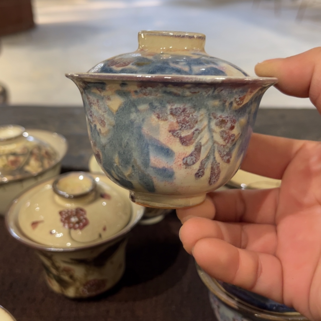 手工 柴烧 花卉 盖碗