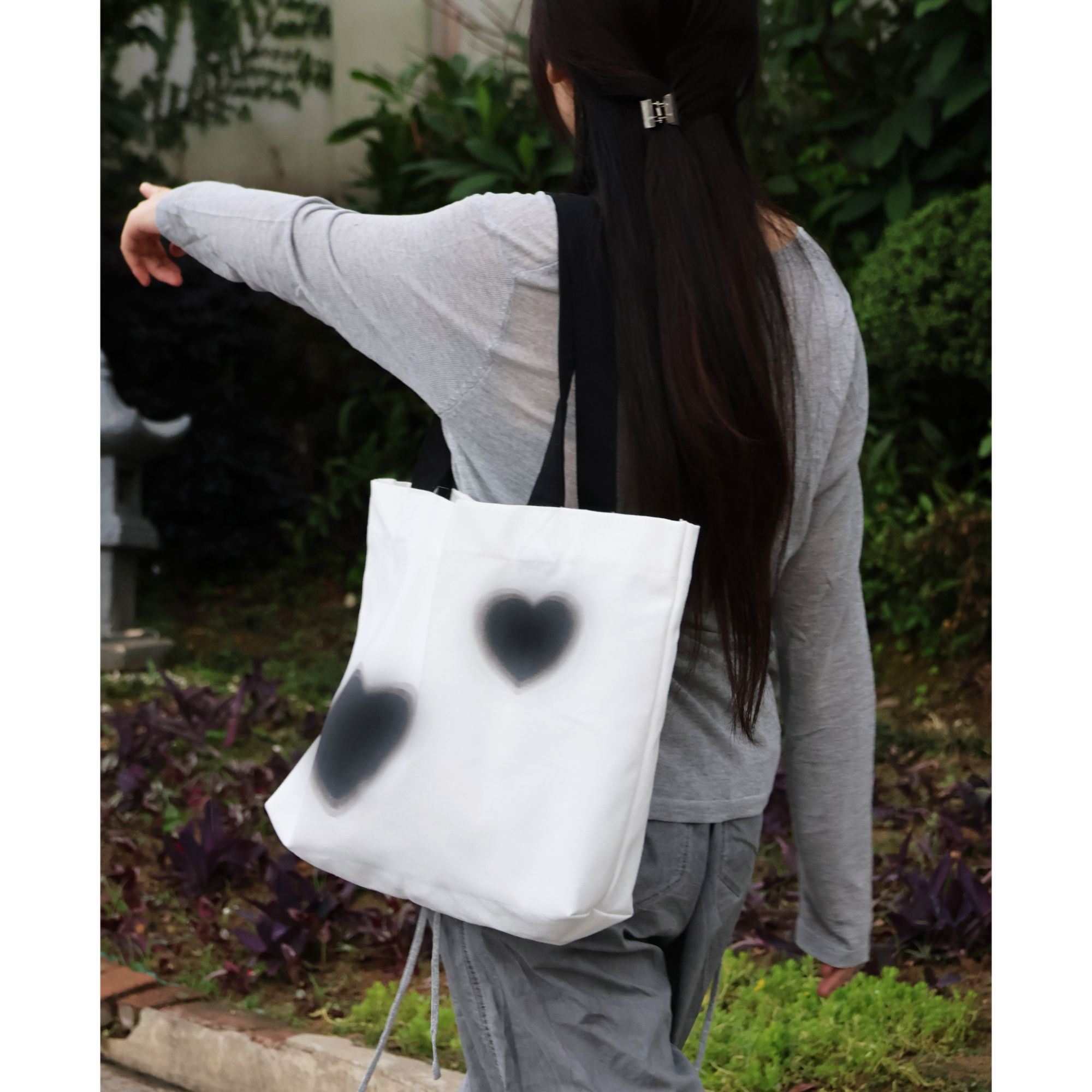 SENSEH 原创设计白色印花帆布包大号托特包休闲便捷单肩包