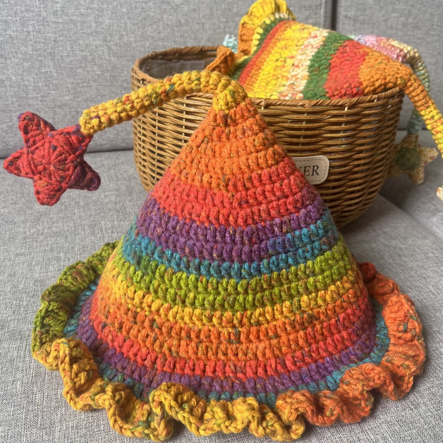 手工成品精灵帽巫师帽儿童成人彩虹荷叶边精灵帽子成品苏苏姐手工