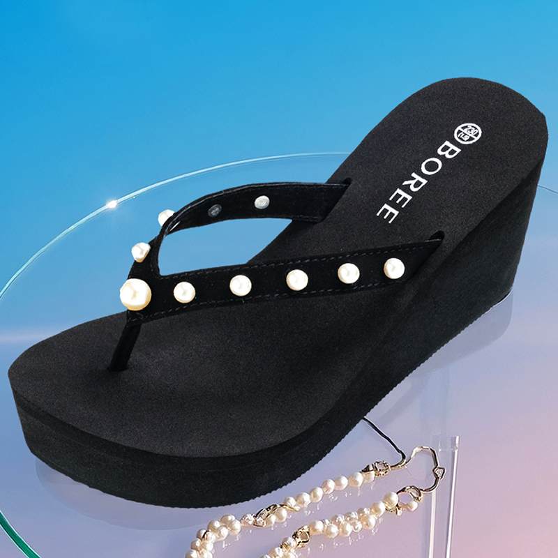 Boree/宝人水钻高跟软底极简风黑色纯色胶粘坡跟人字拖网红女