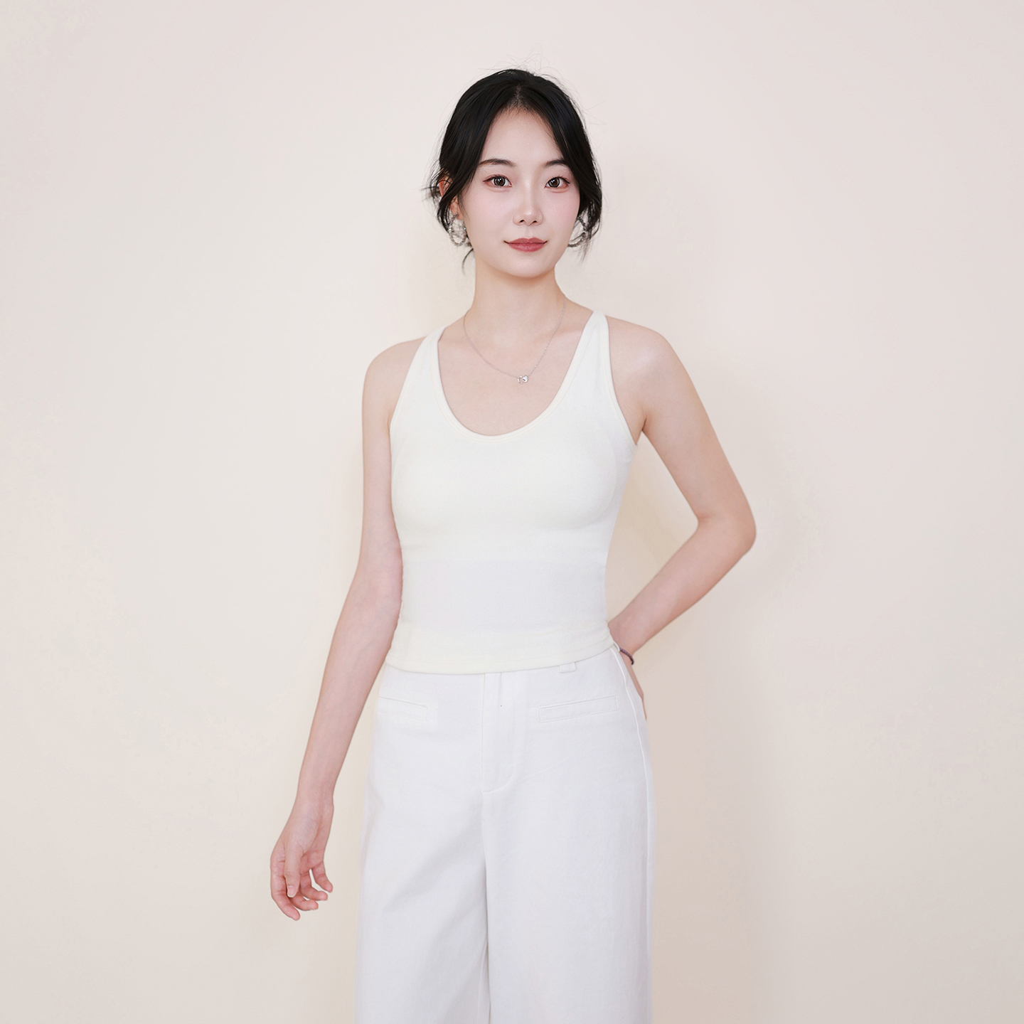 koko&molly舒适U领一体式带胸垫弹力内搭外穿遮副乳蕾丝美背背心