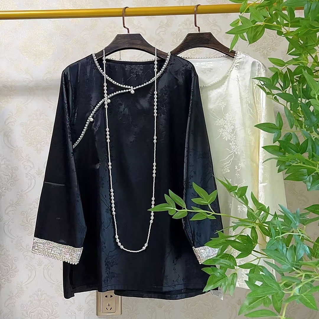 YY新中式国风提花串珠重工打底衫胖mm宽松显瘦百搭唐装小衫8031-1