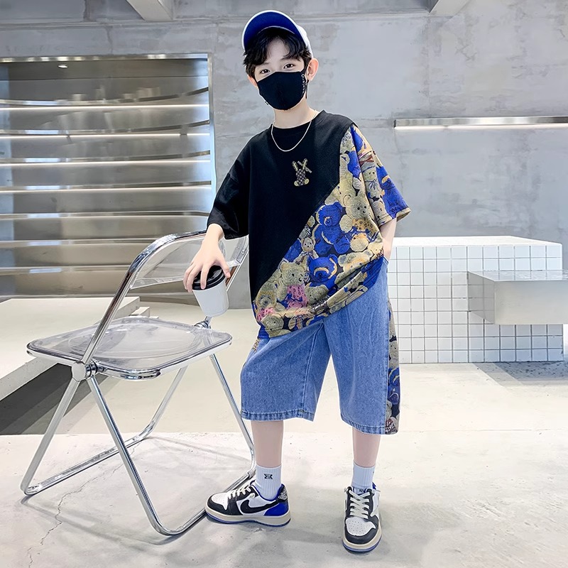 儿童装男童棉质短袖套装夏季薄款2025新款中大童男孩炸街时尚短袖