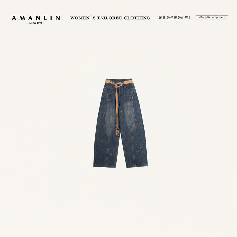 AMANLIN/阿谩琳琥珀流光美式复古高腰宽松直筒牛仔裤Y602706