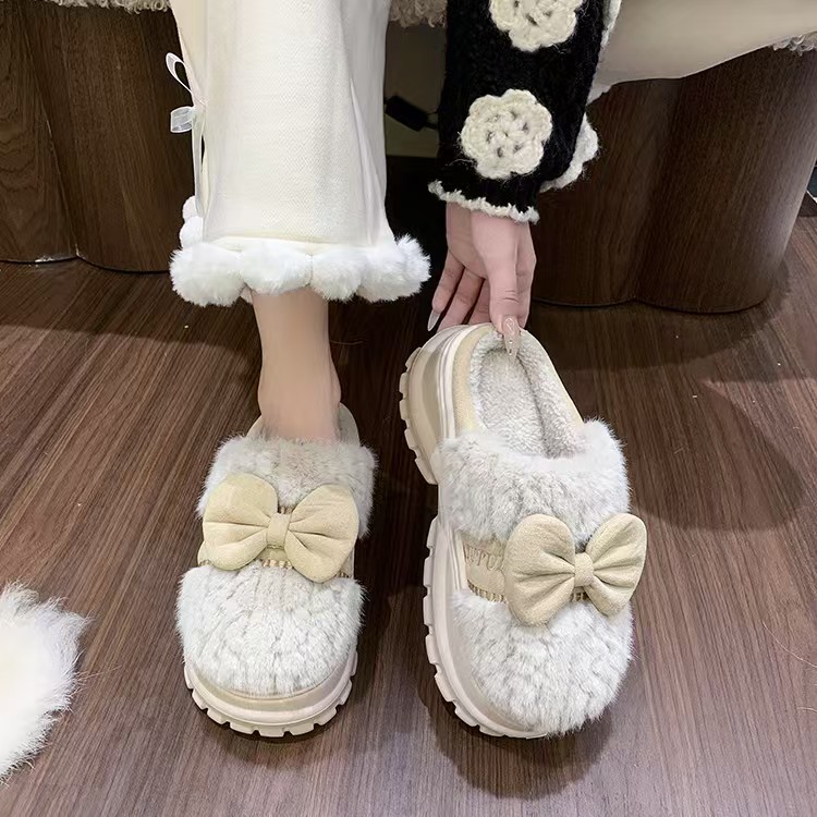 2025女生冬季蝴蝶结毛毛棉拖鞋厚底防滑保暖居家室内外可穿905