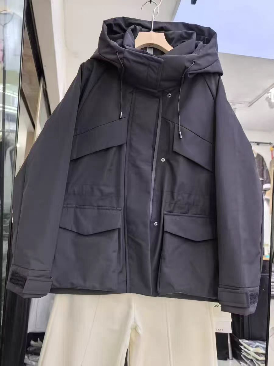 L074 秋冬女士加厚面包连帽立领中长款时尚宽松黑色 FL