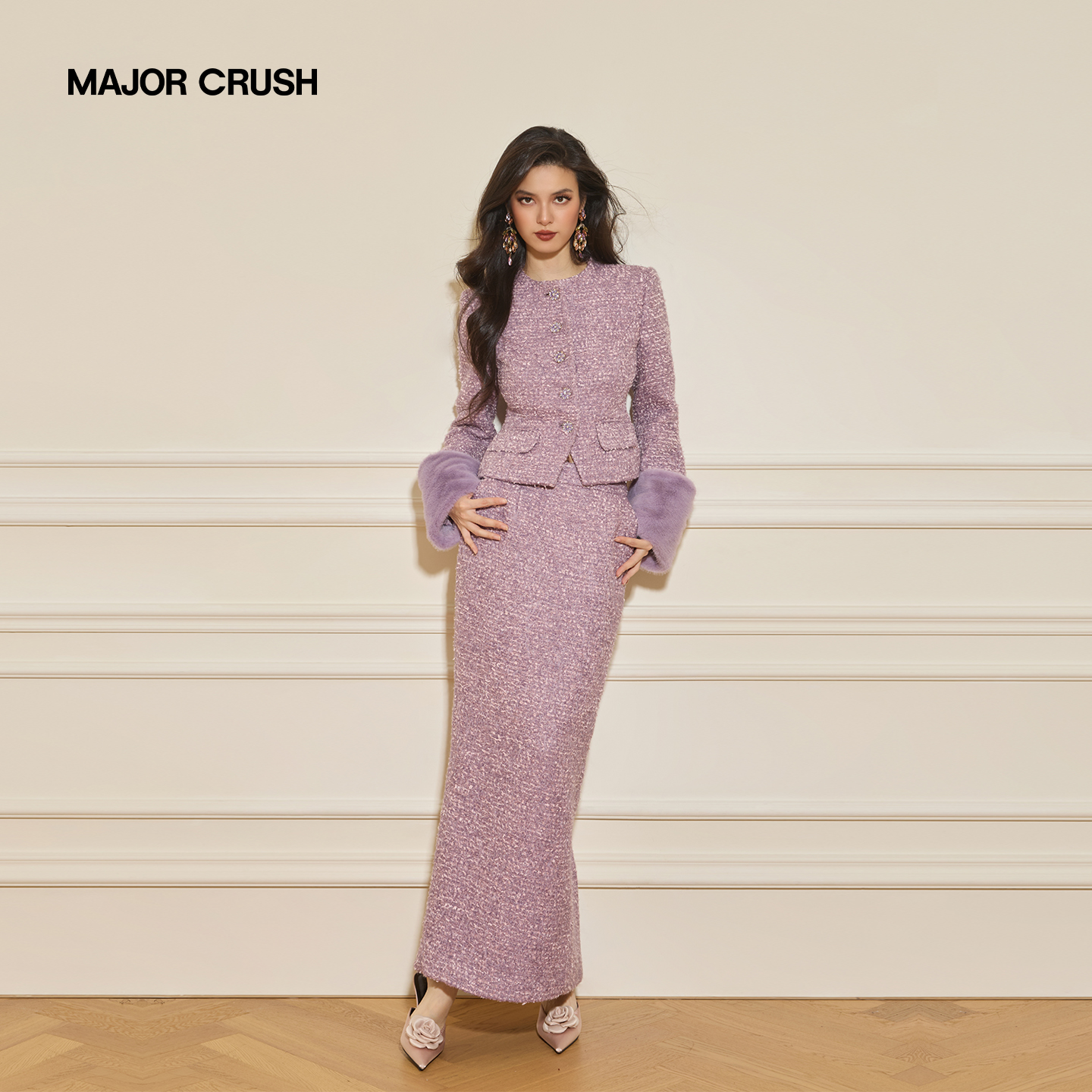 MAJOR CRUSH冬季新款暮紫绒语显瘦修身小香风优雅时尚套装73049