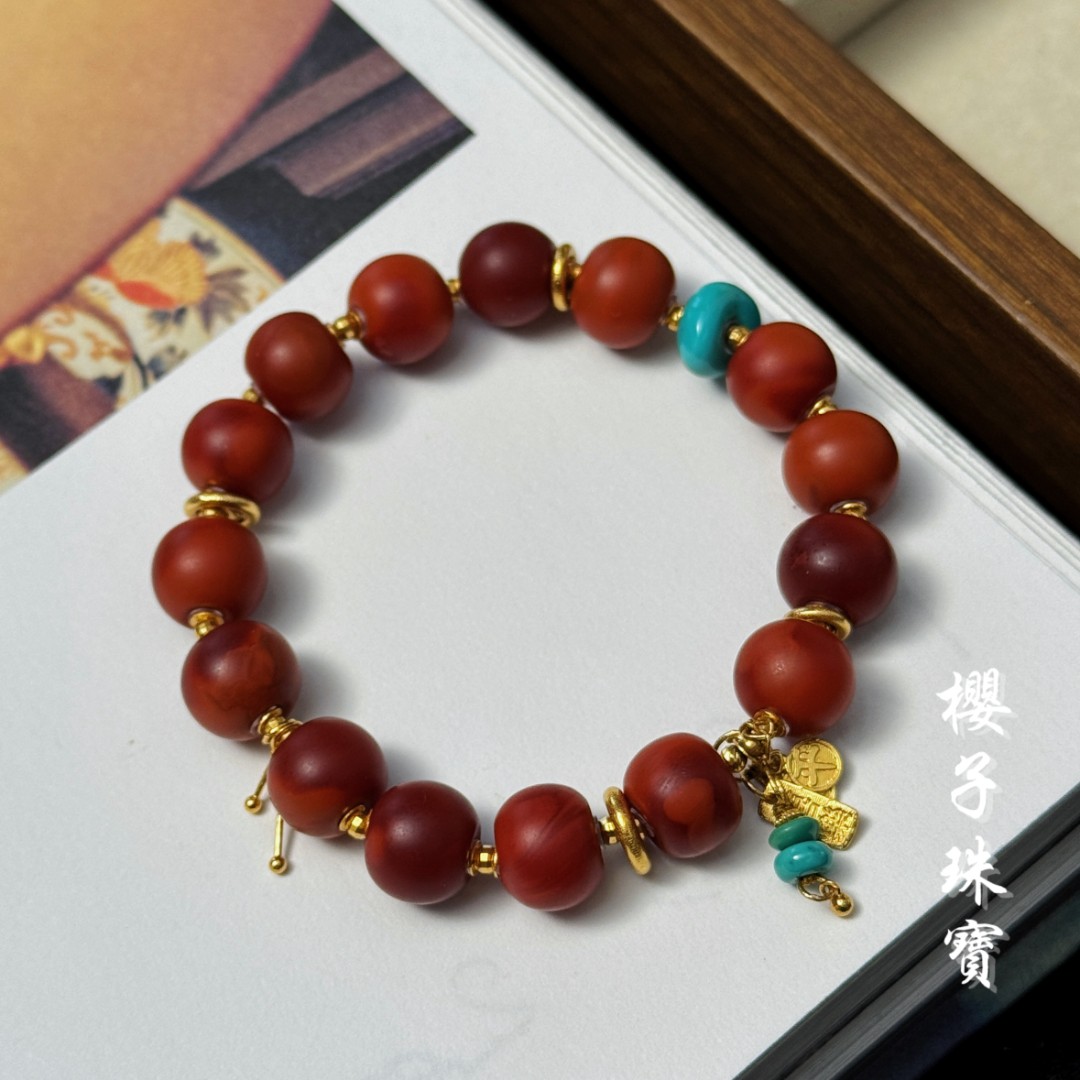 樱子 | 萧郎 18K金原矿包浆南红绿松时尚设计双圈手串*YZNS3215
