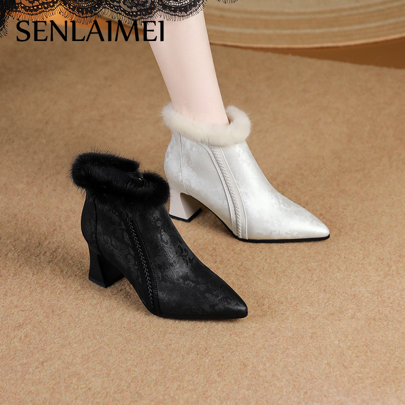 测SLM/真皮短靴/34-42/1070尖头显瘦气质冬新款貂毛保暖舒适短靴