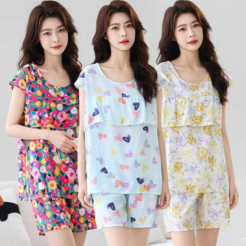 2025新款绵绸防凸点家居服两件套可外穿人造棉妈妈装透气凉快女夏