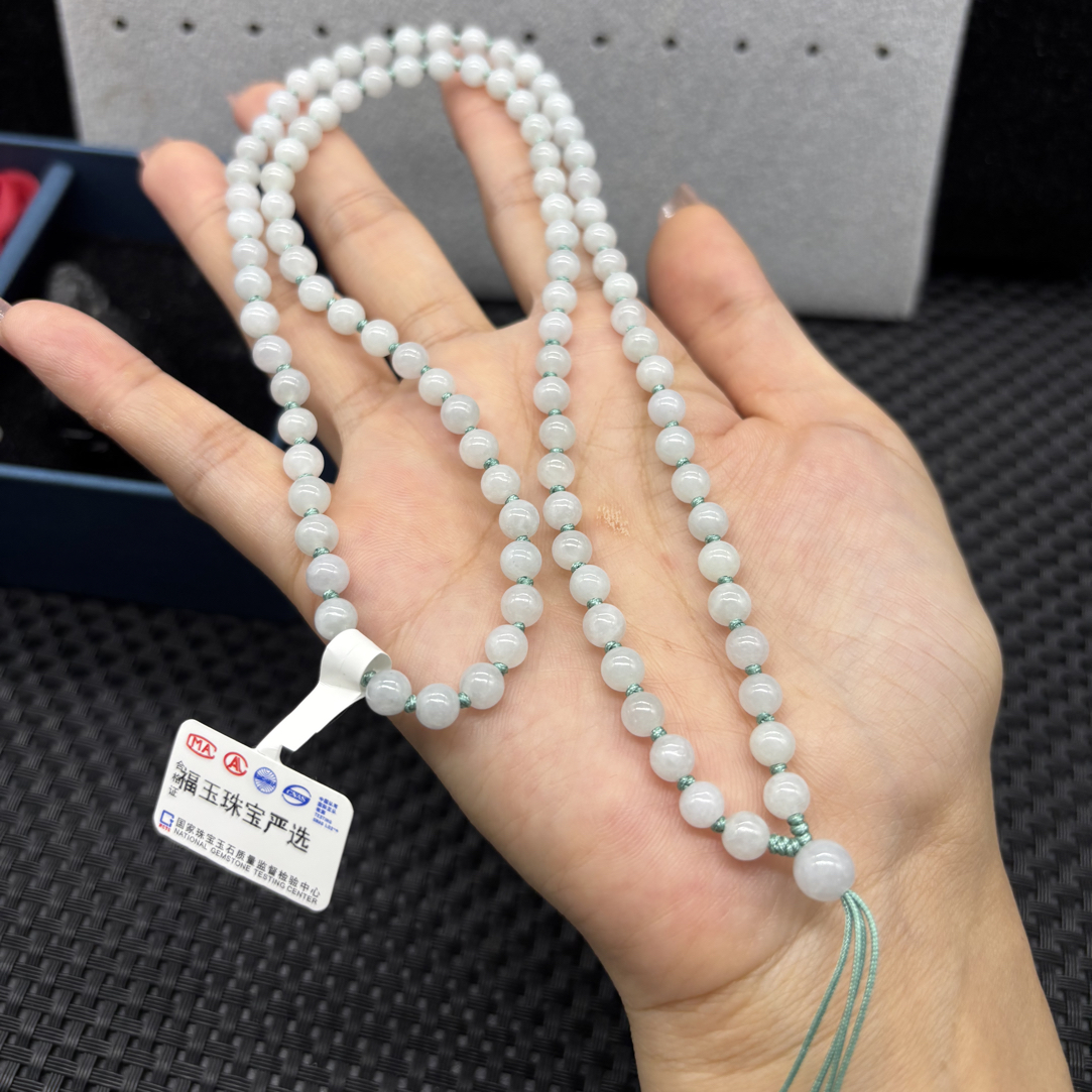 保真天然缅甸A货翡翠白月光圆珠5mm毛衣链玉石挂件绳珠链长链百搭