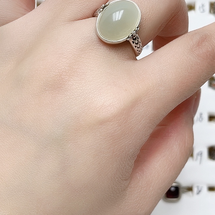 和田玉戒指银S925镶嵌天然