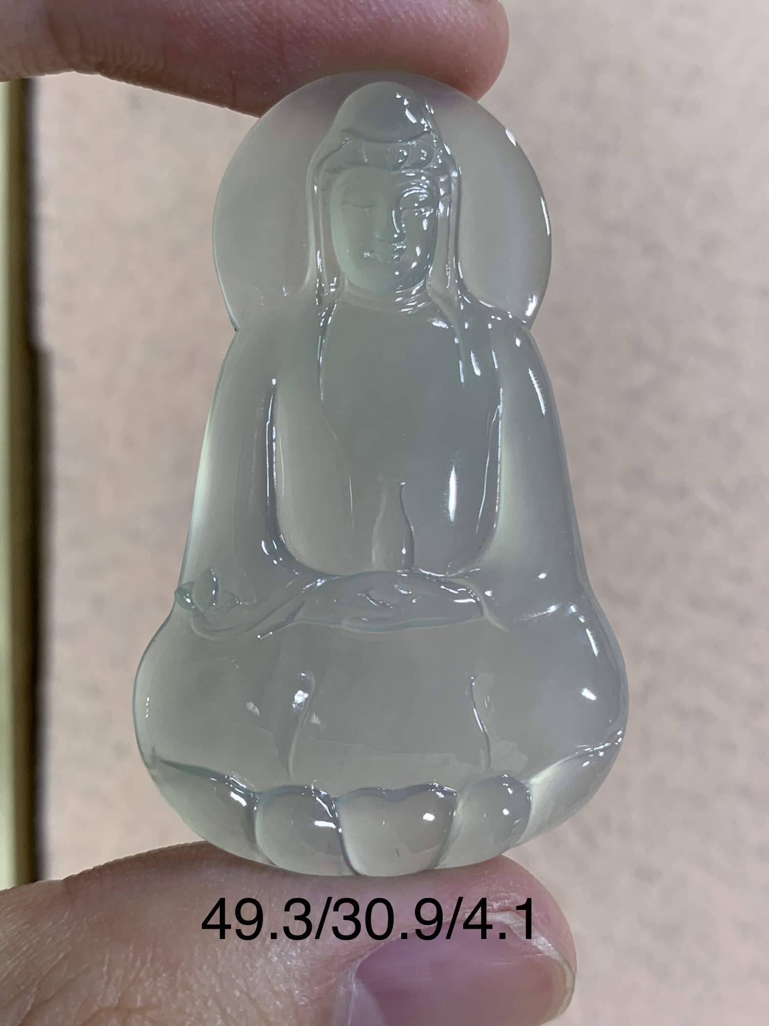 天然缅甸翡翠A货素衣观音吊坠，冰种，晴绿底，一刀切，男士佩戴