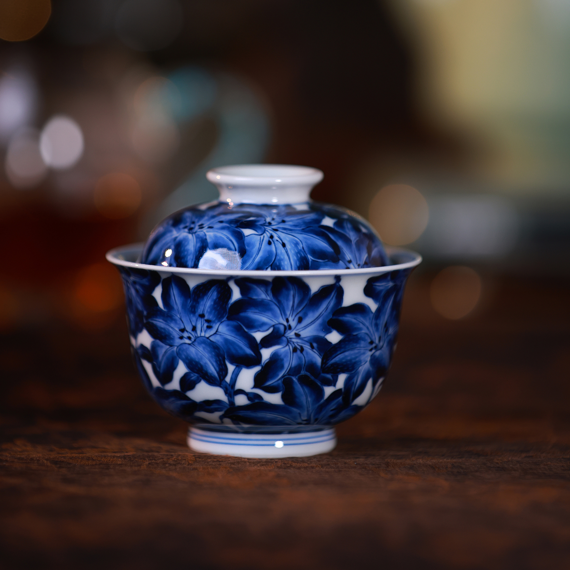 赋林觉隐青花百合花盖碗纯手工手绘景德镇复古陶瓷茶器泡茶盖碗