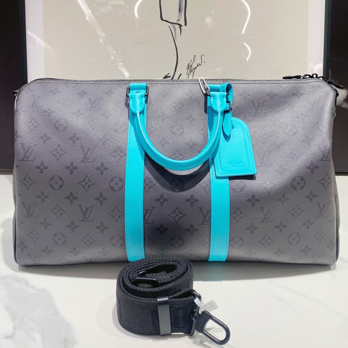 99新 LouisVuitton/路易威登 lv keepall旅行袋45灰色拼蓝（15408）