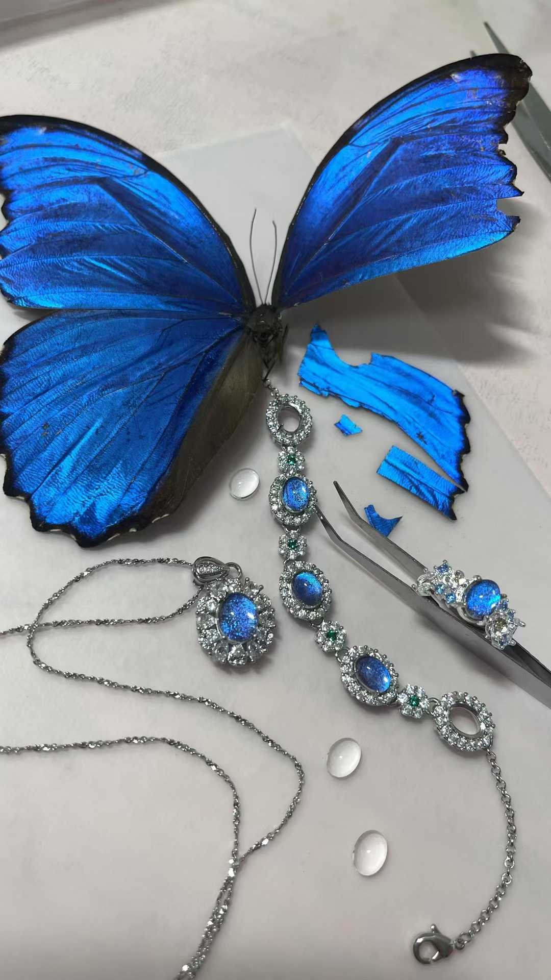 【拆八选五】925银蓝闪蝶手链蝴蝶真标本二次元