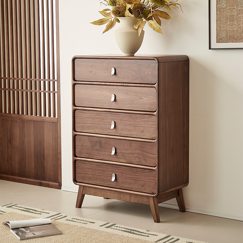 臻致美北美黑胡桃木五斗柜实木抽屉柜卧室床尾储物柜靠墙收纳柜