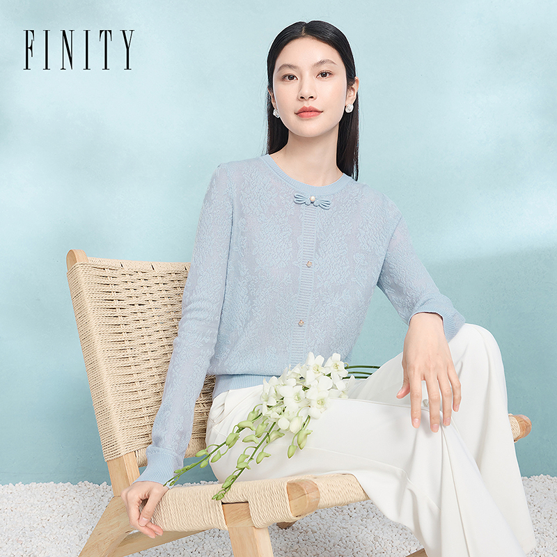 FINITY菲妮迪新款毛针织衫长袖针织气质短款时尚夏季春夏宽松圆领