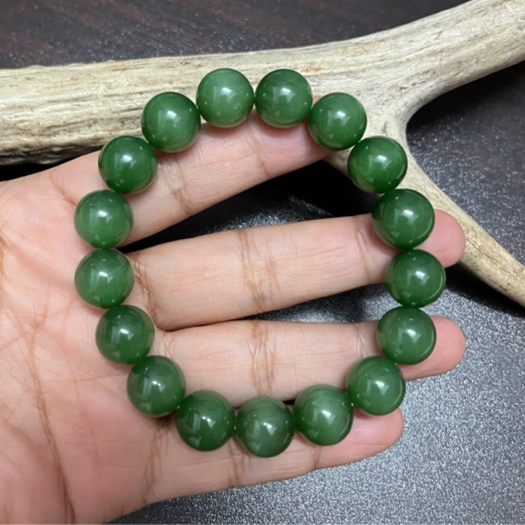 俄罗斯老坑料天然冰底菠菜绿碧玉/12mm圆珠/手串/46.8克