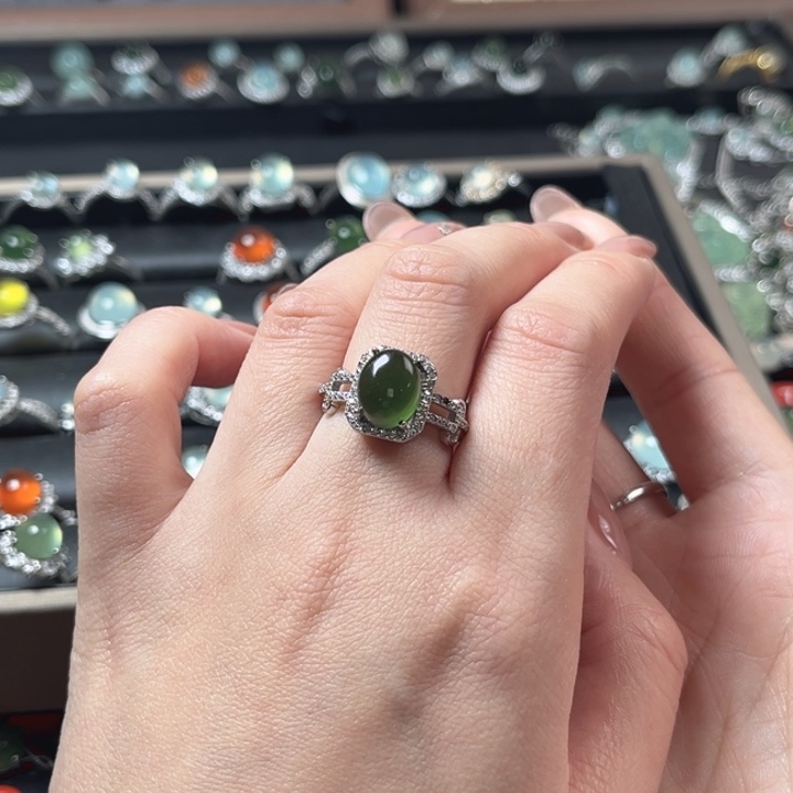 蛇纹石玉银S925镶嵌戒指