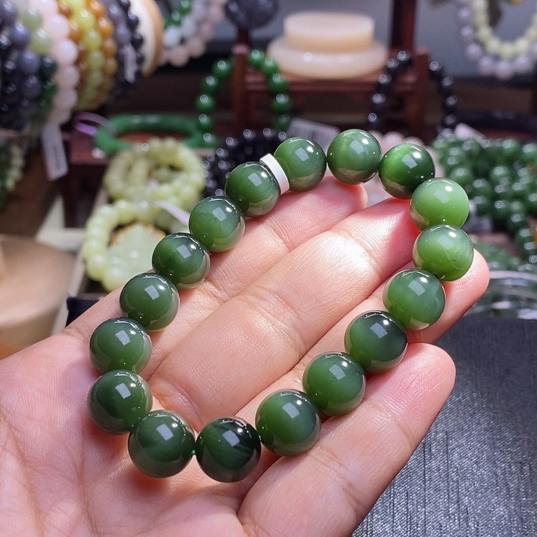 和田玉未镶嵌毕业级碧玉老矿料高冰猫眼圆珠手串11+