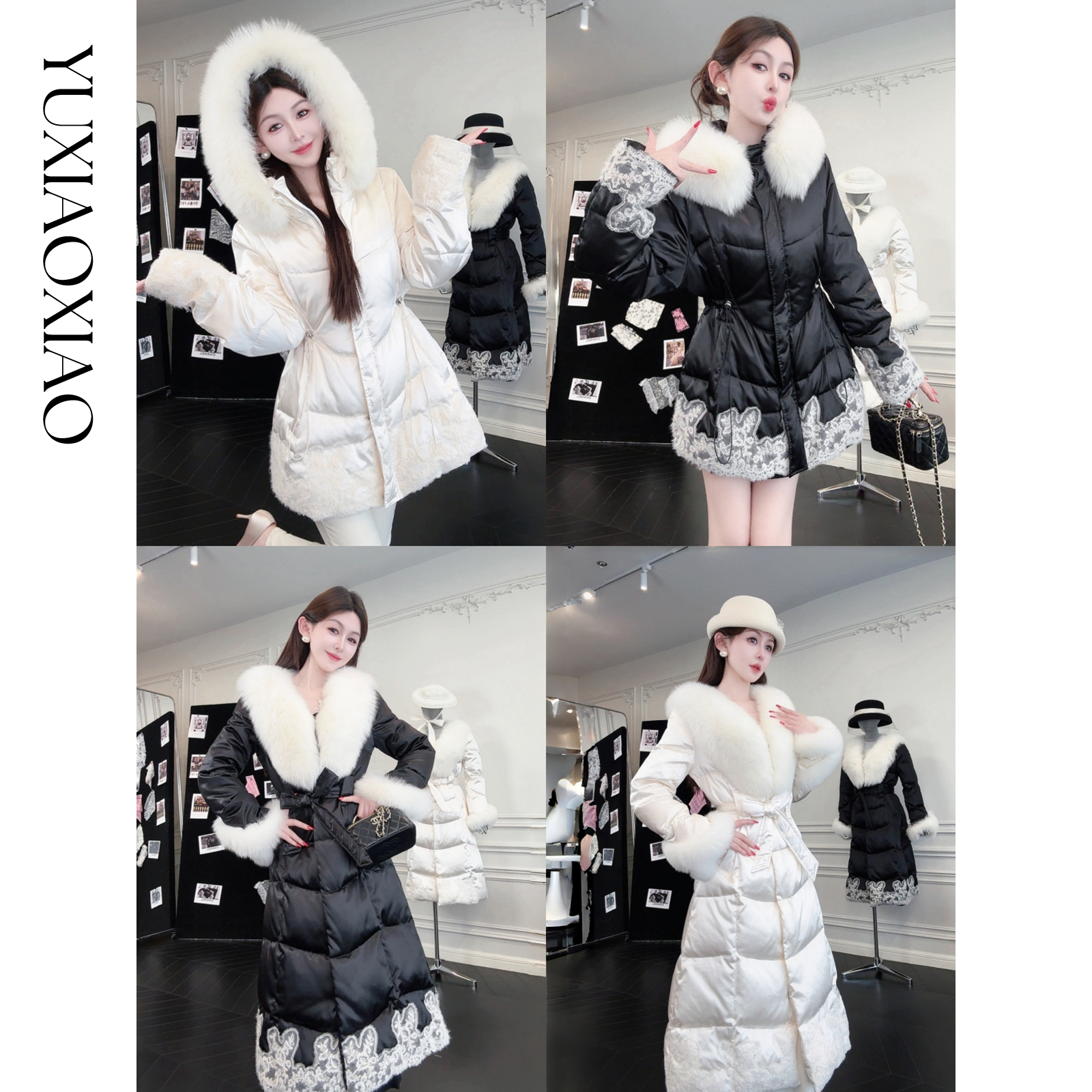 余潇潇【雪国明珠】时尚白鹅绒拼狐狸毛女士长款羽绒服&短款羽绒服