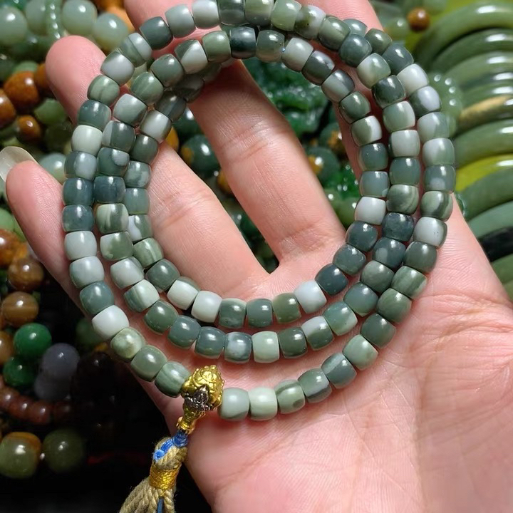 和田玉碧玉卡7西瓜皮直切108粒毛衣链项链多圈手串手链颗颗精选