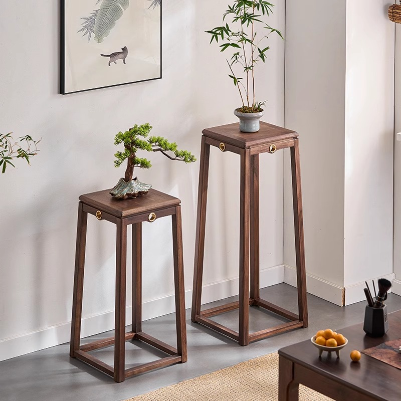 北美黑胡桃花架实木榫卯工艺花台原木落地花盆架新中式客厅摆件架