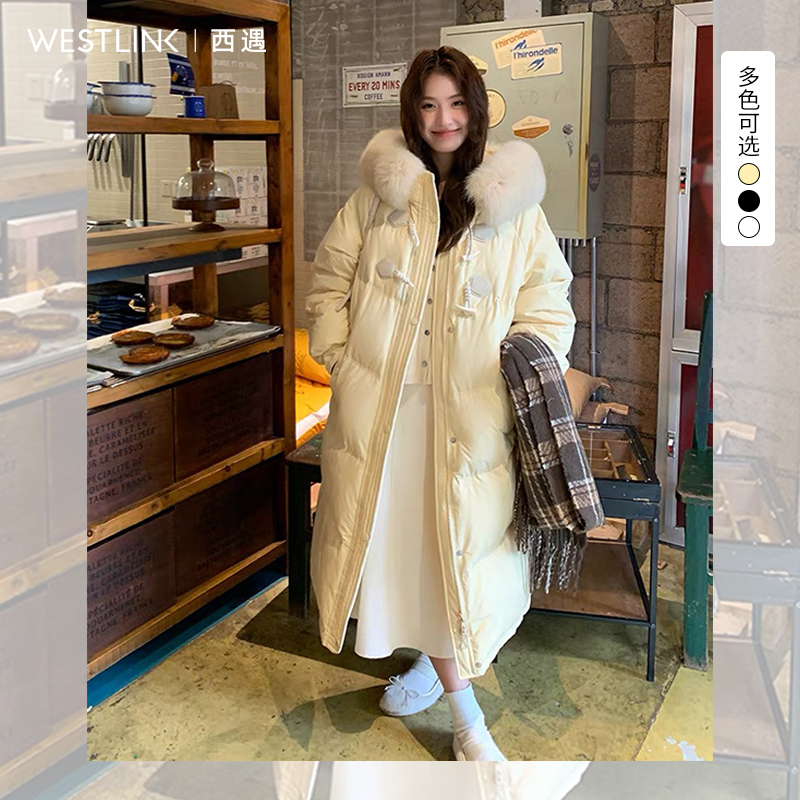 西遇中长款牛角扣棉服女2025年冬季新款大毛领连帽加厚面包服