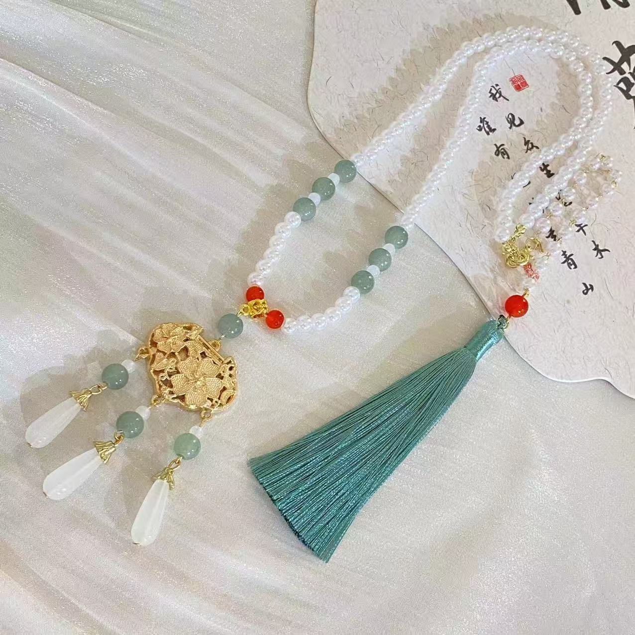 汉服长璎珞晚明风背云明制马面裙金丝锁项链古风配饰绿色流苏A006