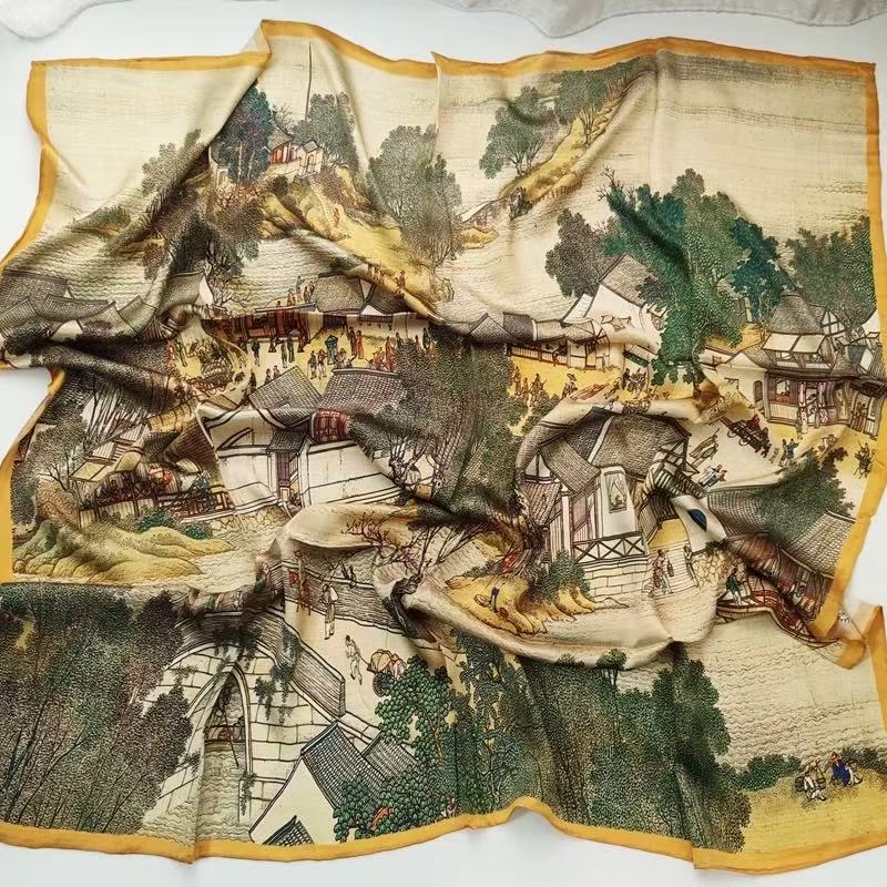 瑕疵  A025 清明上河图 围巾方巾90*90 XC