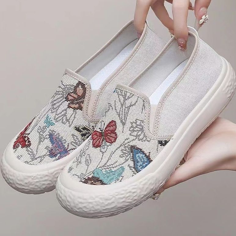 老北京布鞋乐福鞋女透气套脚懒人一脚蹬防滑软底刺绣休闲布鞋