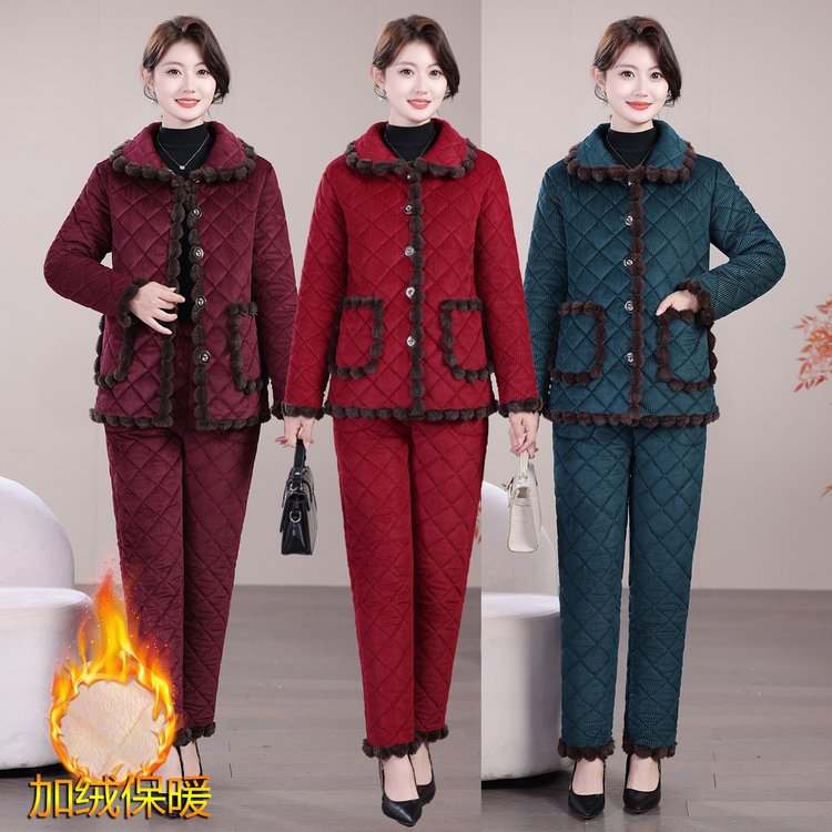 中老年翻领纯色加厚加绒保暖棉袄棉裤两件套妈妈装家居服外穿套装